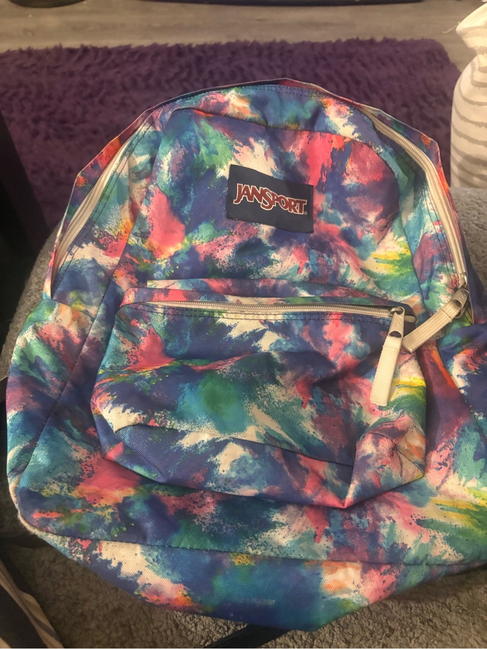 Jansport Multicolor Splash Backpack in Blue, Pink, Green, Yellow